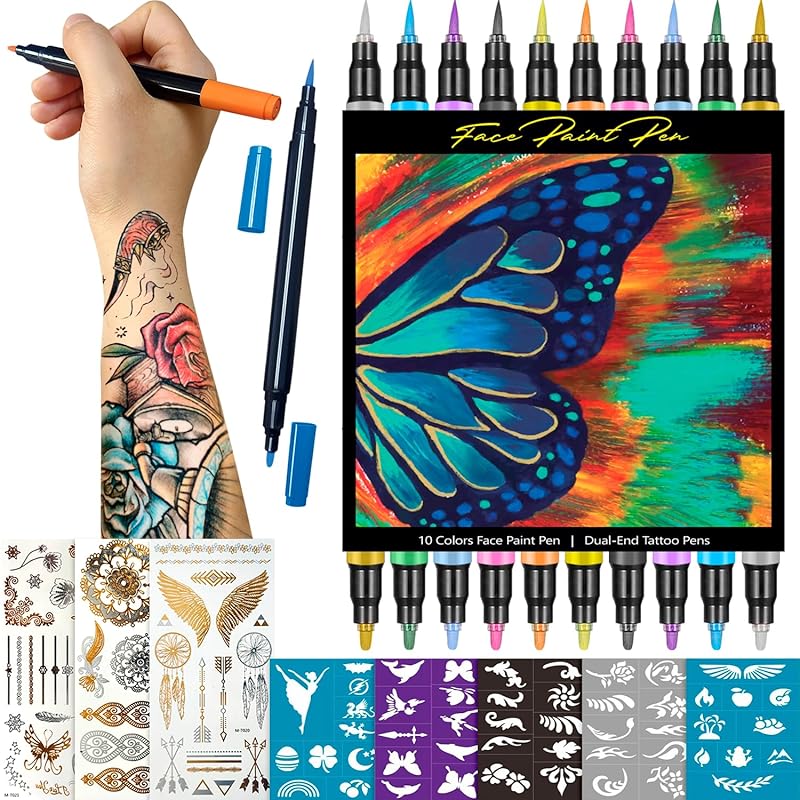 Temporary Tattoo Markers for Skin - Dual Tip 10 Colors Tattoo Pens for Skin Temporary, Washable Metallic Tattoo Markers with Stencils, Flexible Body 10Pcs(Dual-Ended)