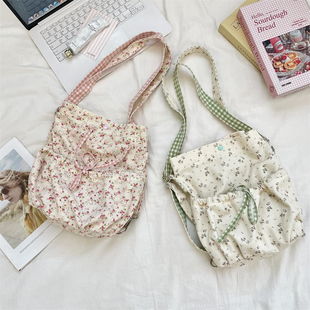 5 New canvas bag floral student backpack lazy wind cute shoulder messenger bag large capacity