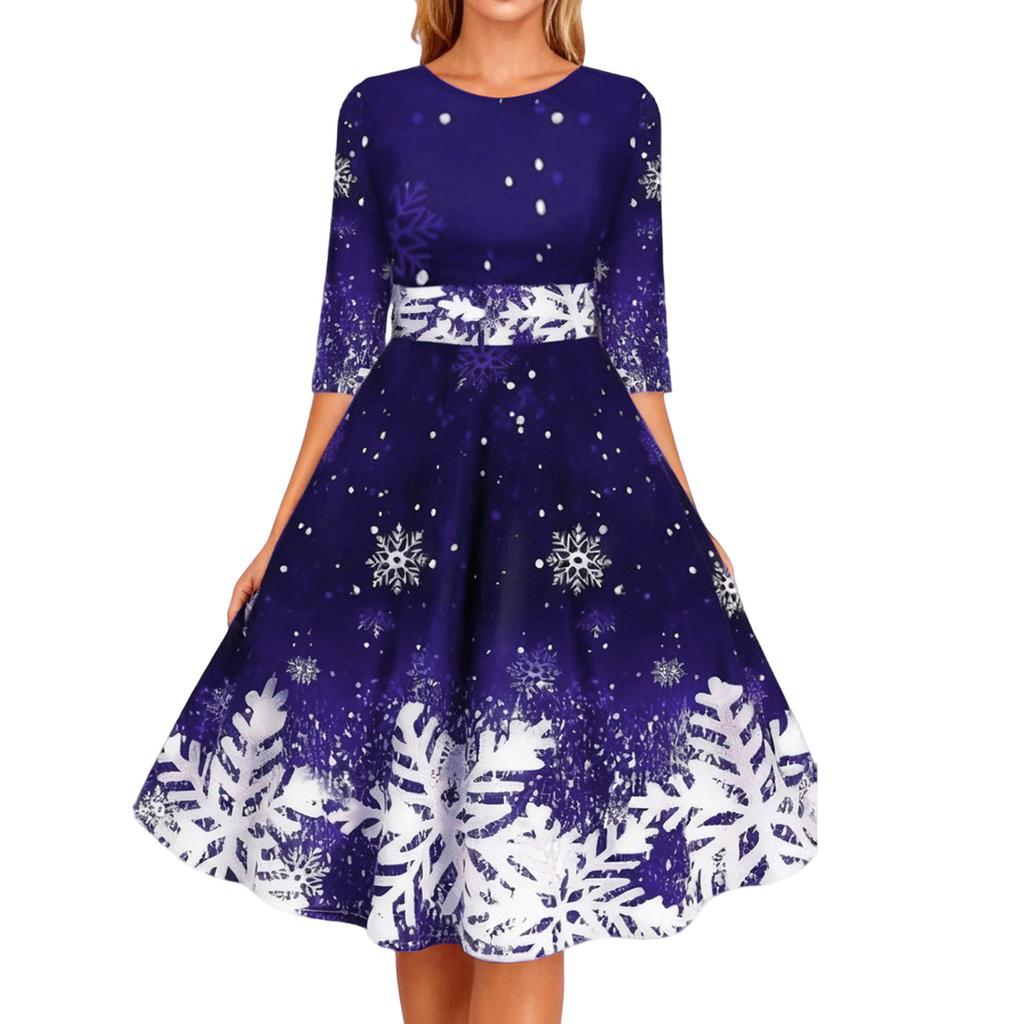 Ladies' Printed Fashionable And Personalized Snowflake Mid Sleeve Waist Dress
