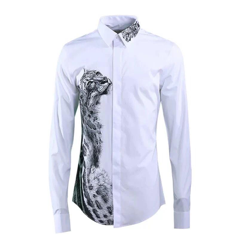 Autumn Painting Leopard Print Men's Business Casual Clothing Trendy Long-sleeved Slim Fashion Floral Shirt