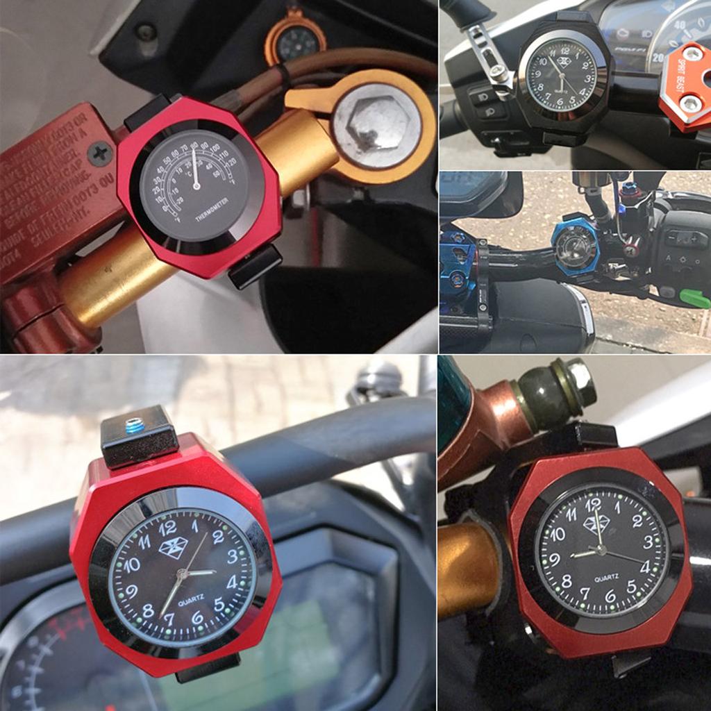 High Quality CNC Aluminum Alloy 4Color 22-28mm Adjustable Motorcycle Waterproof Luminous Handlebar Mount Clock