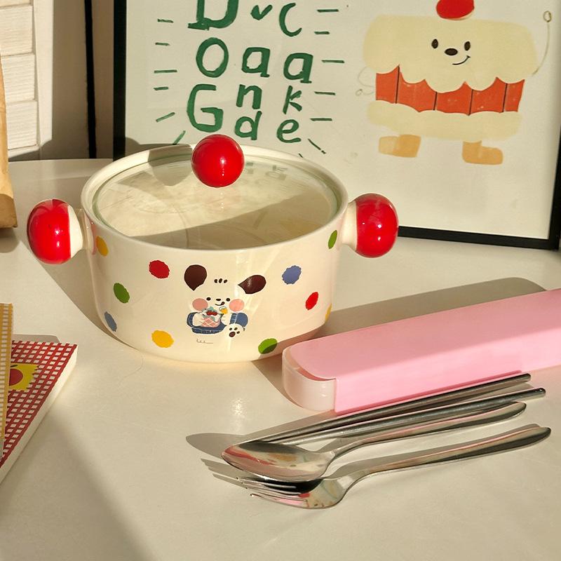 Ins Cream Wind Cute Cartoon Ceramic Binaural Instant Noodle Bowl Snail Powder Bowl Noodle Bowl Soup Bowl with Lid