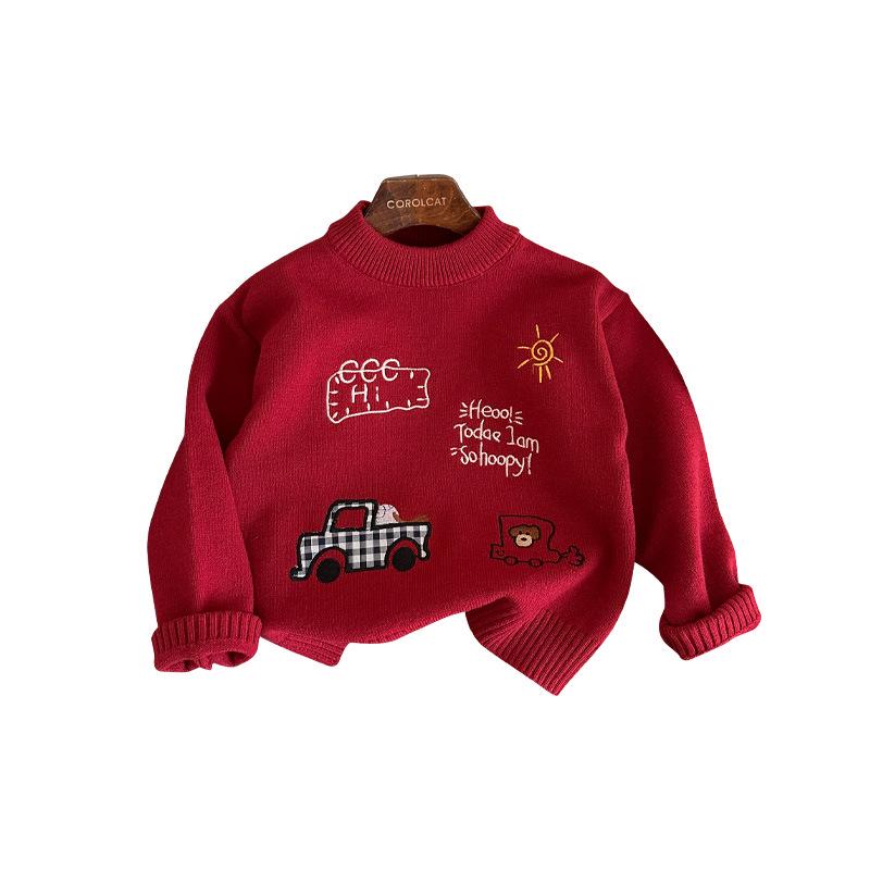 Boys' Winter Red Cartoon Car Pullover Sweater - 2025 New Style New Year Outfit