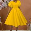 Large Size Women Fashion Solid Dress Ladies Elegant One Piece V Neck Puff Sleeves Swing Dress