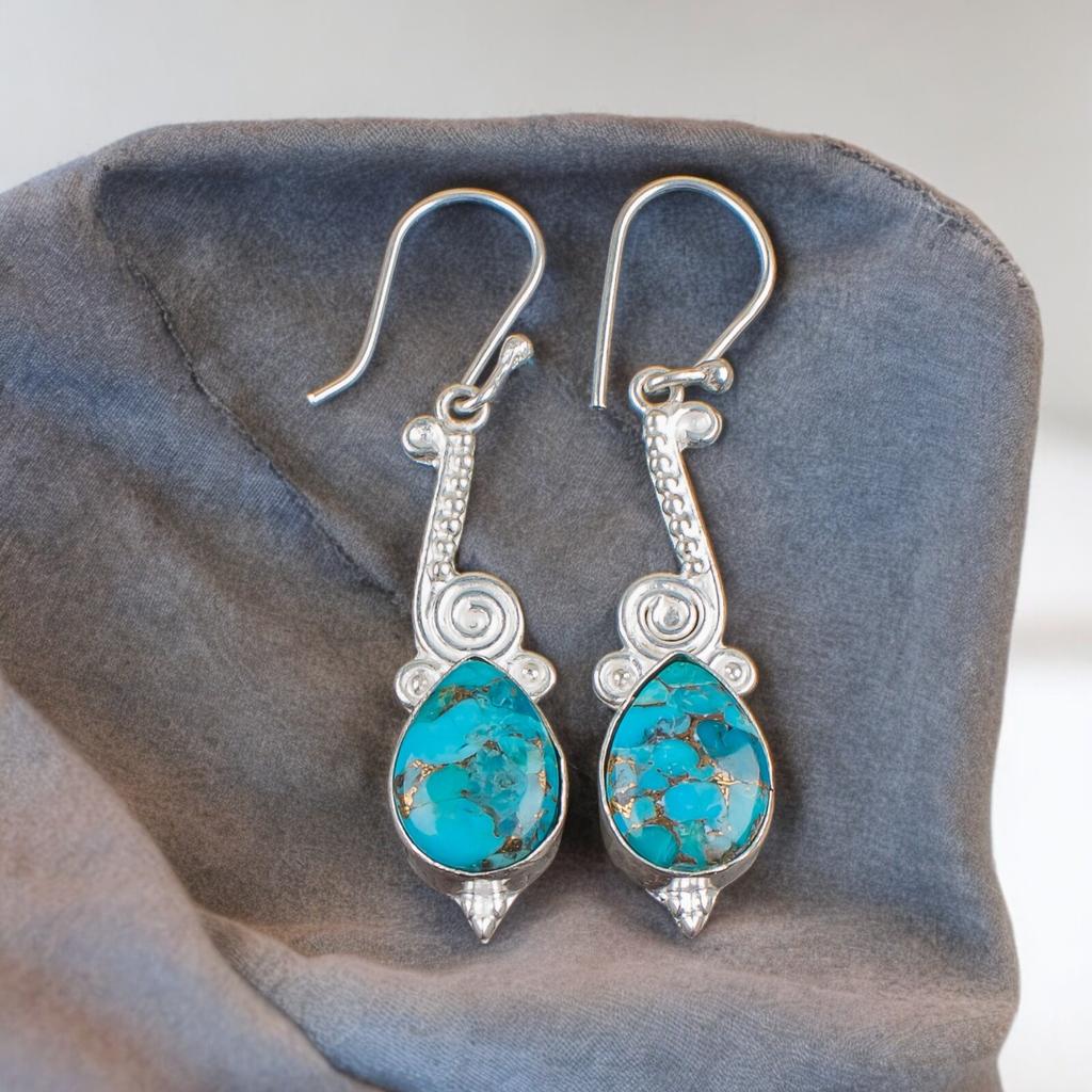 Real Blue Copper Turquoise Gemstone 925 Sterling Silver Lovely  Jewelry Earrings EE-37-35