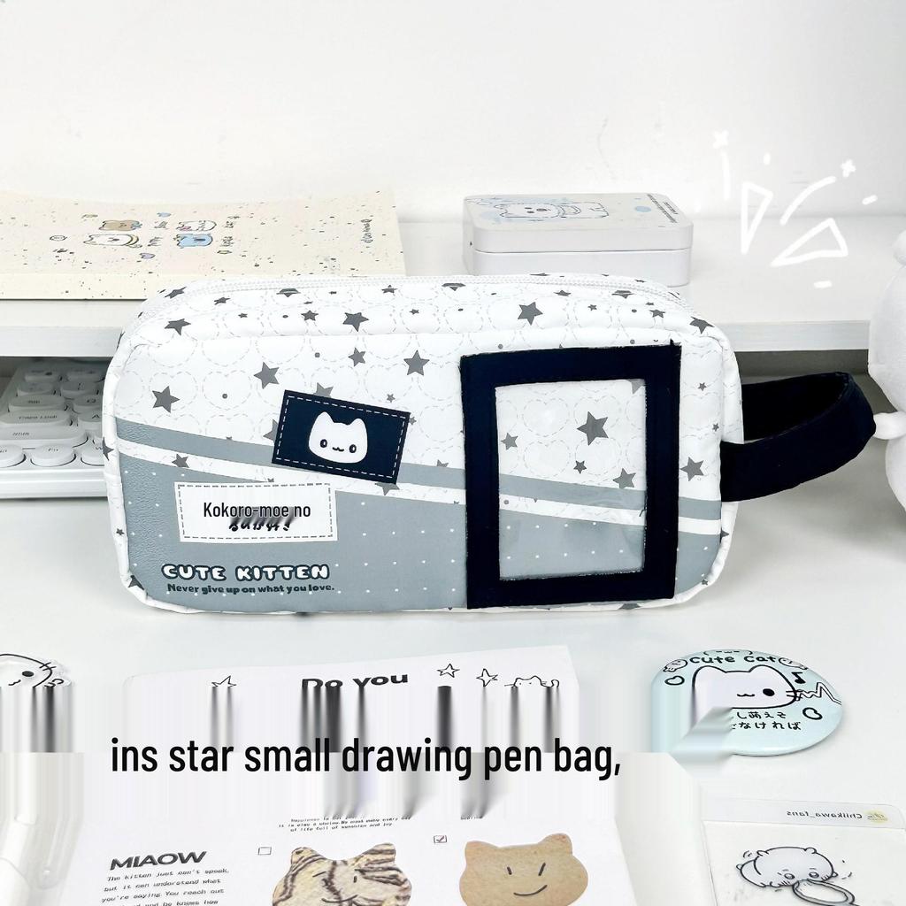 Polka Dot Cat Denim Pencil Case - Large Capacity Multifunctional Student Stationery Bag