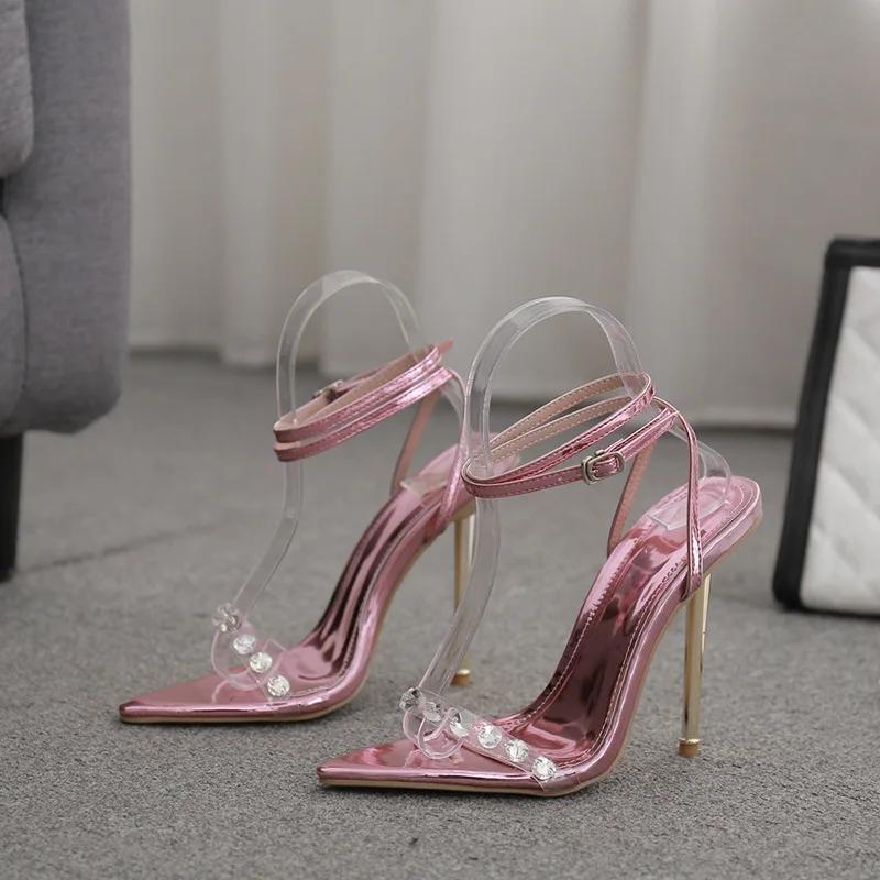 Fashion Sexy Peep Toe Transparent Narrowband Rhinestone Thin High Heels Party Wedding Shoes Women Pointed Buckle Strap Stiletto Sandal