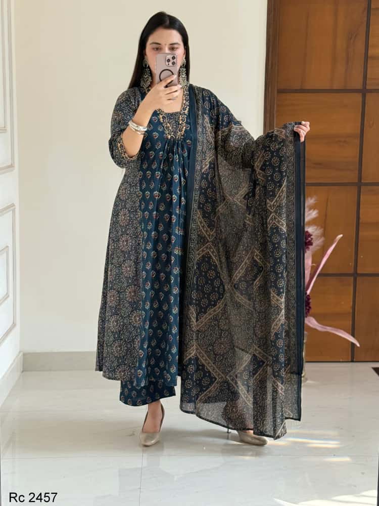 Women's Anarkali Cotton Printed Salwar Kameez Indian Bollywood Party Wear Top Tunic Kurti Set