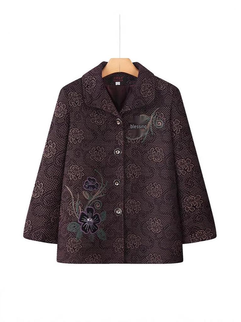 Embroidered Grandma-Style Jacket: Woolen Tang Suit Coat for Middle-Aged Women