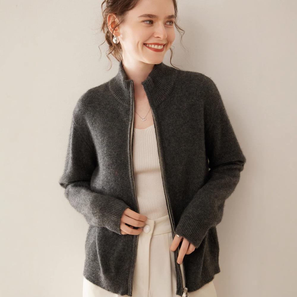 Women's Stand Collar Double Zipper Goat Cashmere Cardigan - Autumn/Winter Solid Color Knit