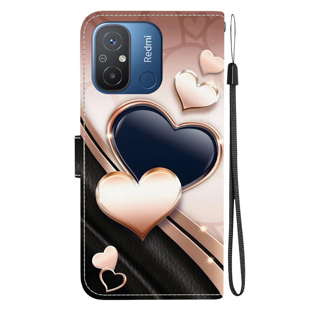 Handmade PU Leather Flip Case for Redmi 12C/Redmi 11A Anti-Slip Shockproof Cover with Wrist Strap & Heart/Rose Cat Designs