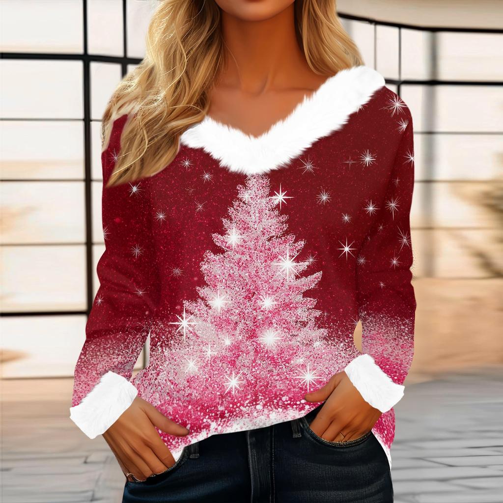 Women's Casual Christmas Print Long Sleeve Top with Plush Collar for Winter