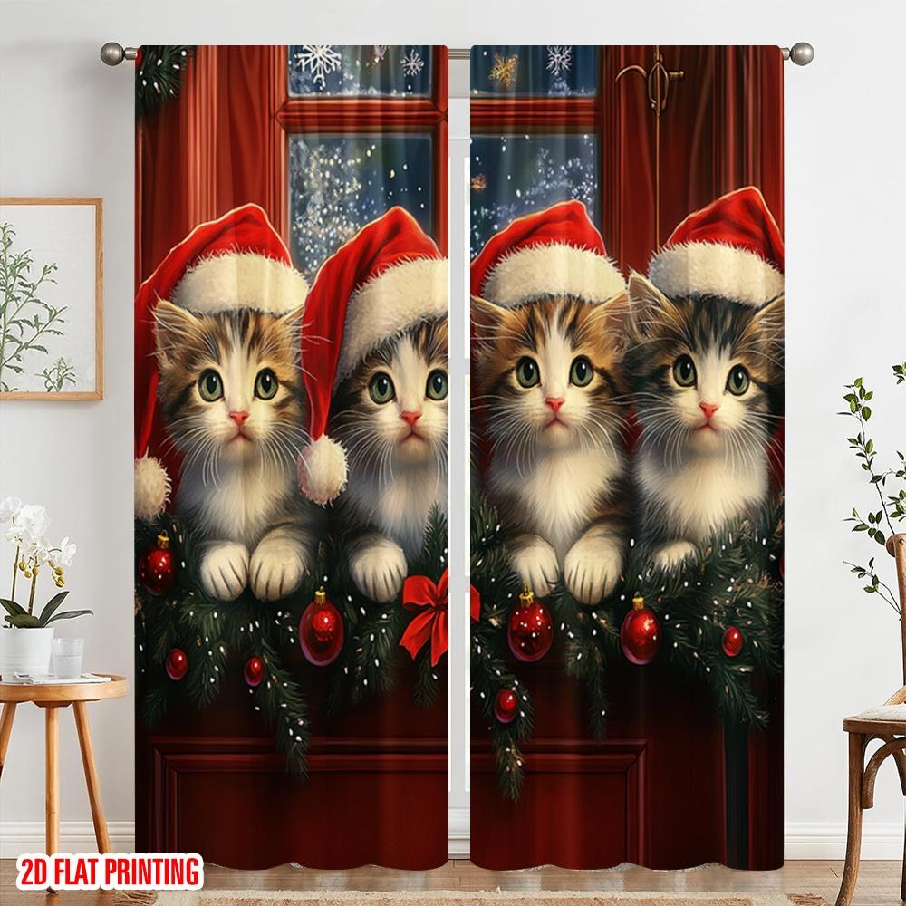 2pcs,2D Plane Printing Print Curtains Four Kittens Christmas Door Versatile Polyester Fabric (without Rod) Outdoor Decorations