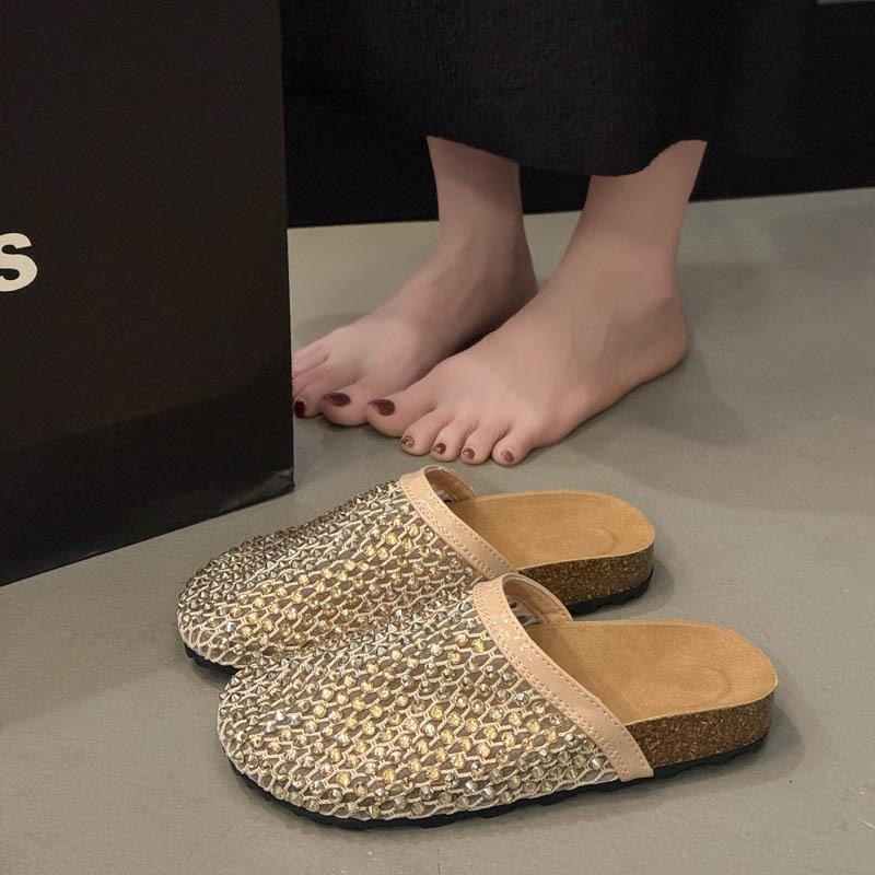 

Шлепанцы с полым носком женские 2025 новая мода универсальные полностью в бриллиантах на плоской подошве крутые шлепанцы летние прохладные ленивые шлепанцы 39 золотой