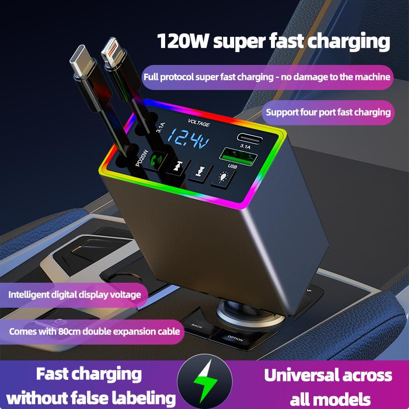 Car Bluetooth MP3 FM Transmitter 4-in-1 120W Fast Charge Retractable Cable Car Charger with Colorful Light Built-in Media Player