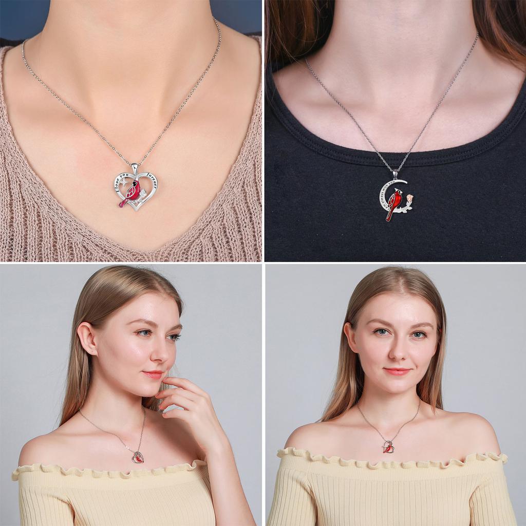 Heart Red Bird Spiritual Memorial Engraved Dainty Inspirational Silver Necklace