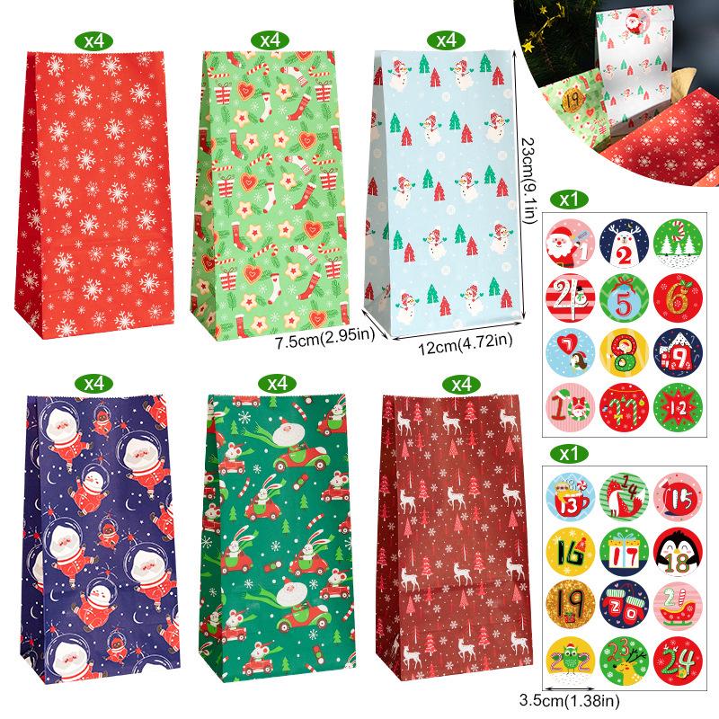 Christmas Gift Bags with Stickers - 24 Sets Advent Calendar Candy Paper Bags