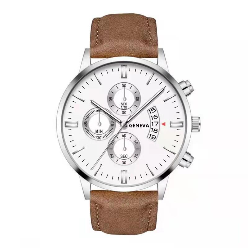 Men'S Fake Three-Eye Belt Calendar Casual Fashion Business Quartz Belt Watch