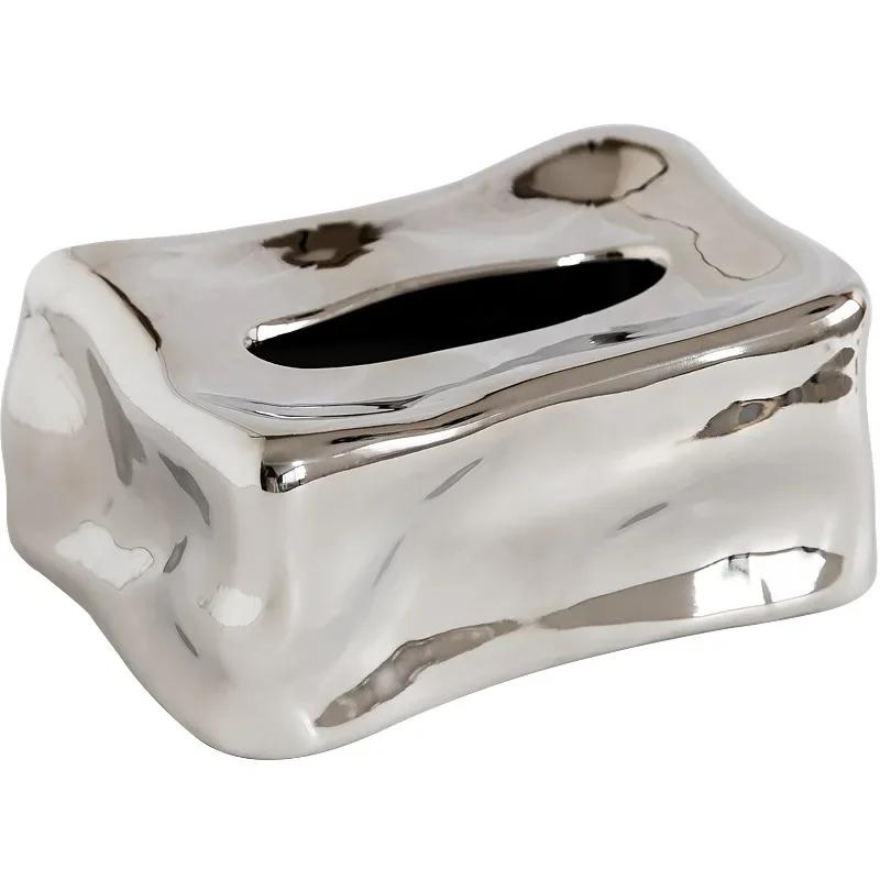 Nordic Luxury Ceramic Tissue Box Ice Cube Design Wysokiej klasy platerowany metalowy uchwyt na chusteczki Ins Tea Table Storage Dekoracyjna ozdoba