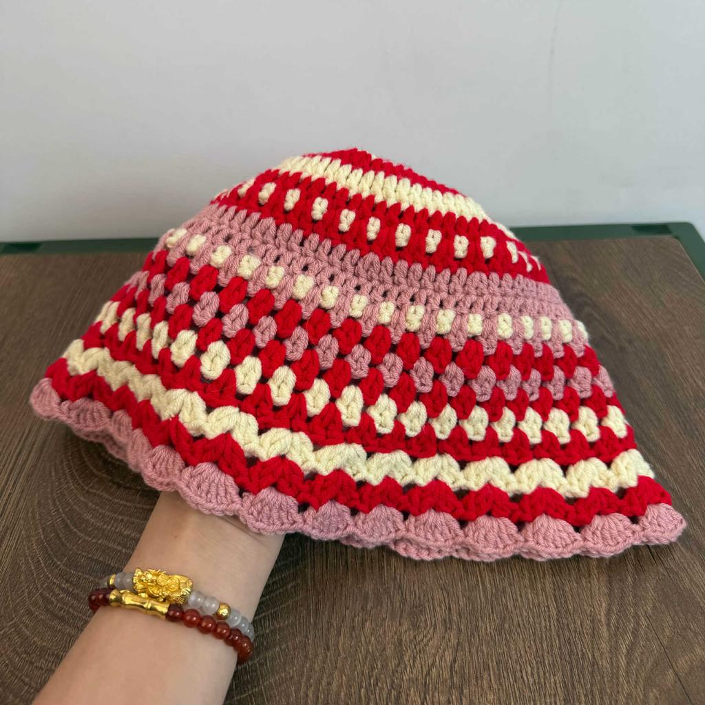 Vintage Handmade Crochet Contrast Striped Knitted Bucket Hat Women Bohemian Wave Lace Trim Beanie Sun Bucket Hat
