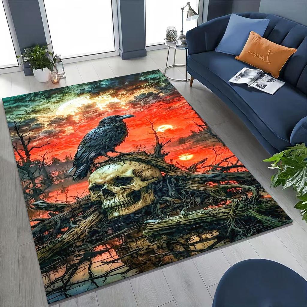 3D Norse Viking Oding Raven Crow Skull Huginn Muninn Rug for Bedroom Living Room Sofa Home Doormat Decor,kids Non-slip Floor Mat