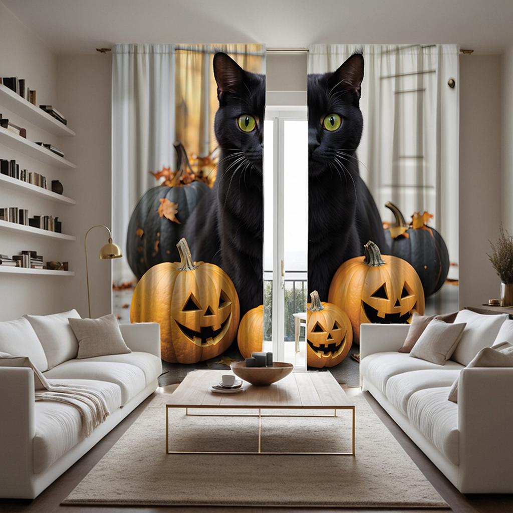 Set Of 2 Hd Halloween Black Cat Pumpkin Decorative Curtain Tie Digital Printed Home Decoration Style Decorate Polyester