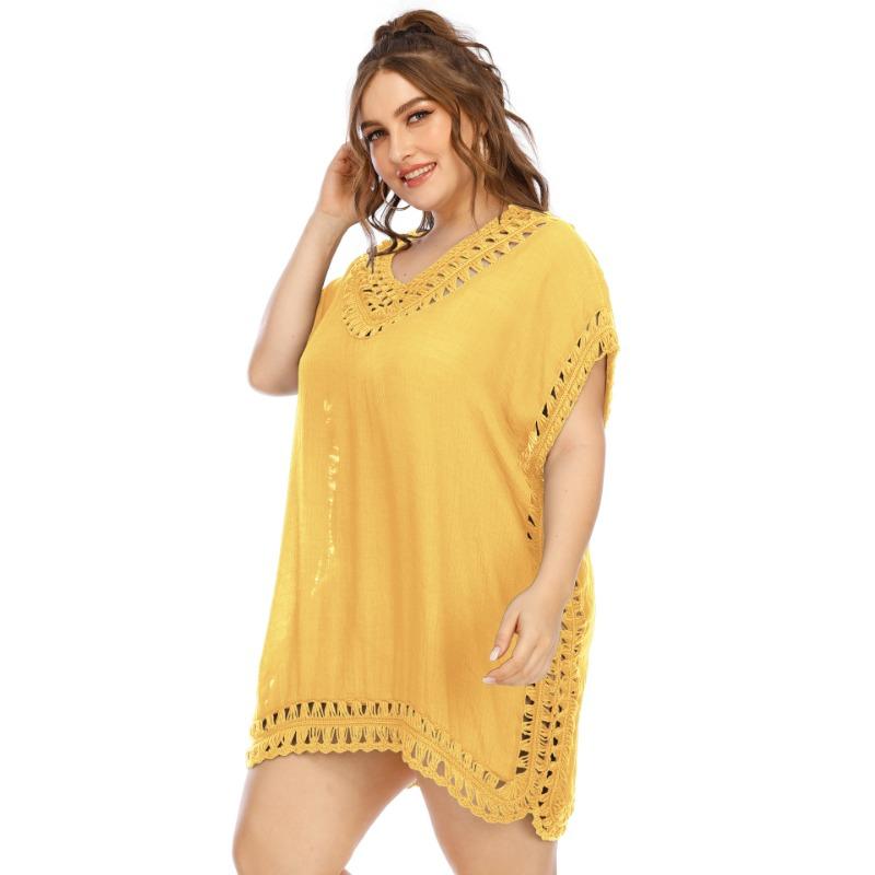 Oversized Women's Handmade Patchwork V-neck Solid Color Beach Dress Cover Up Dresses