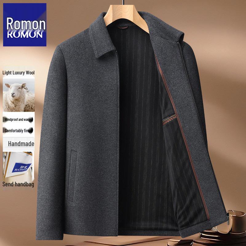 Men's 100% Wool Romon Coat - High-Grade Autumn/Winter Business Casual Outerwear for Middle-Aged and Young Men's Father's Wear