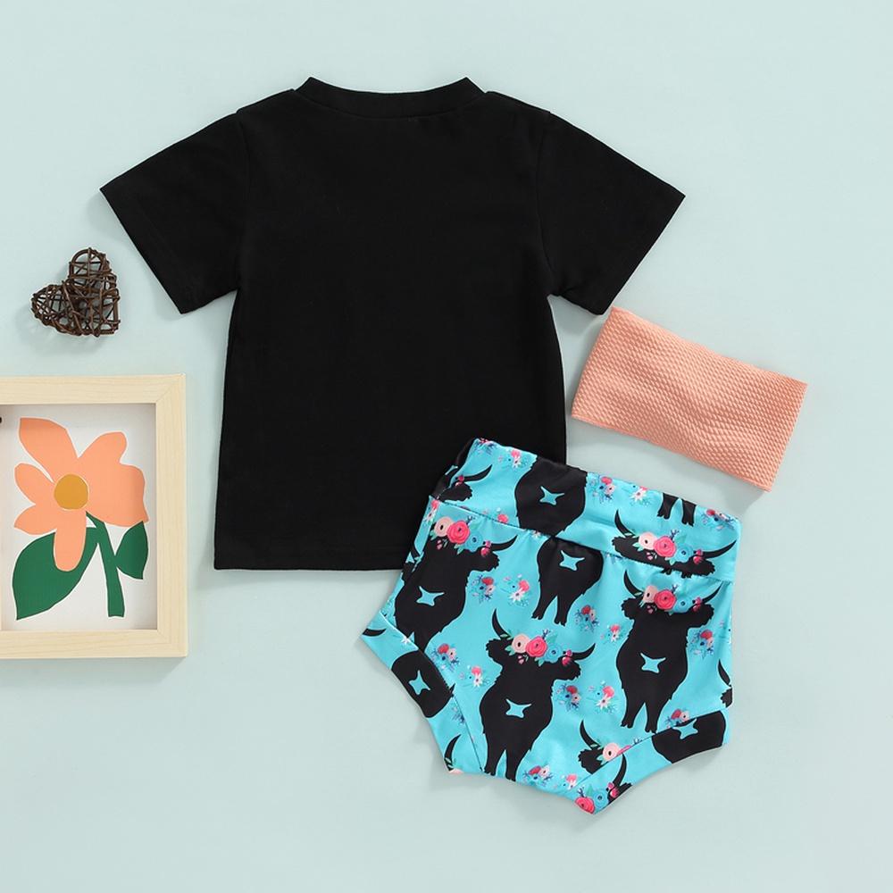 Camiseta preta para bebês meninas de verão + shorts estampados com gado + faixa de cabeça 3 peças roupas para 0-24 meses