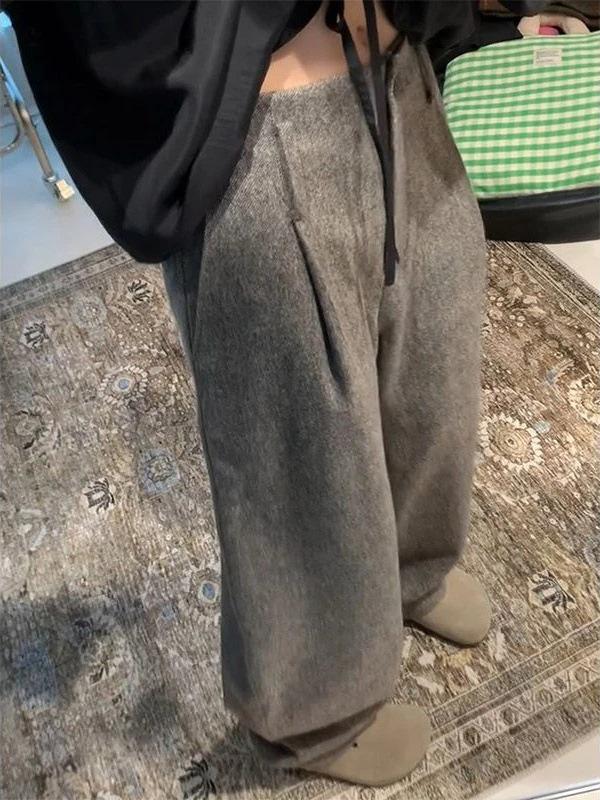 Women's 2025 Winter Gray Wool Wide-Leg High-Waist Relaxed Pants Plus Size