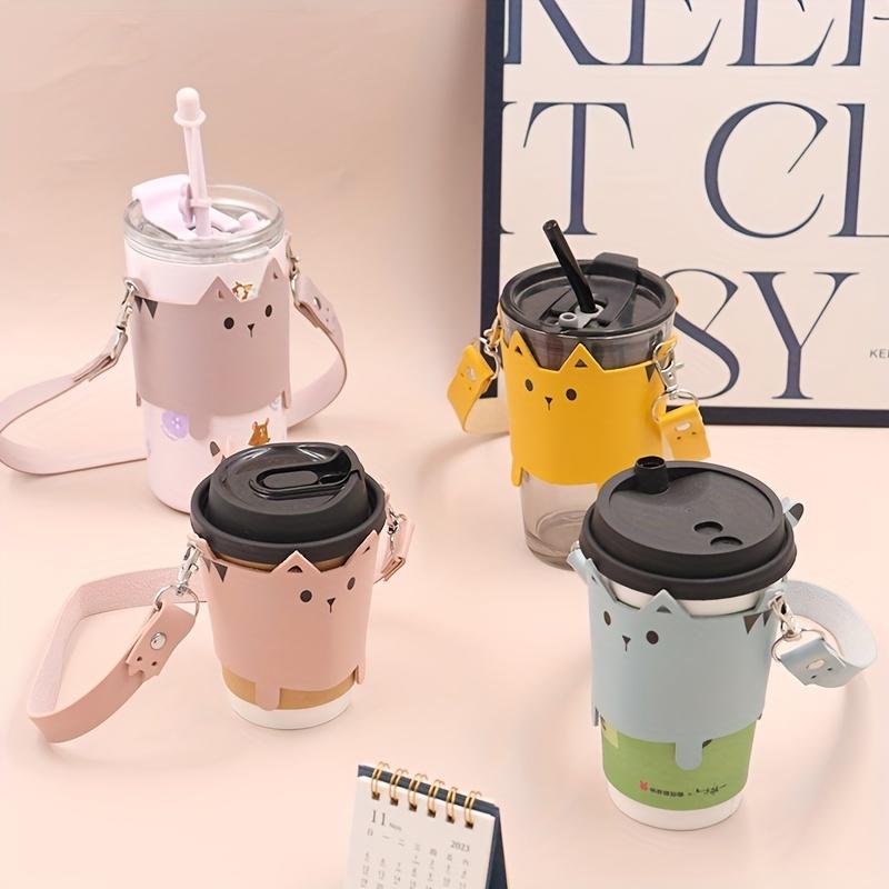 Support de Tasse en Cuir PU Design Chat Mignon pour Amoureux des Chats Porte-Tasses Portables Manchon pour Café Thé Lait Couvercle de Bouteille Porté à la Main en Extérieur