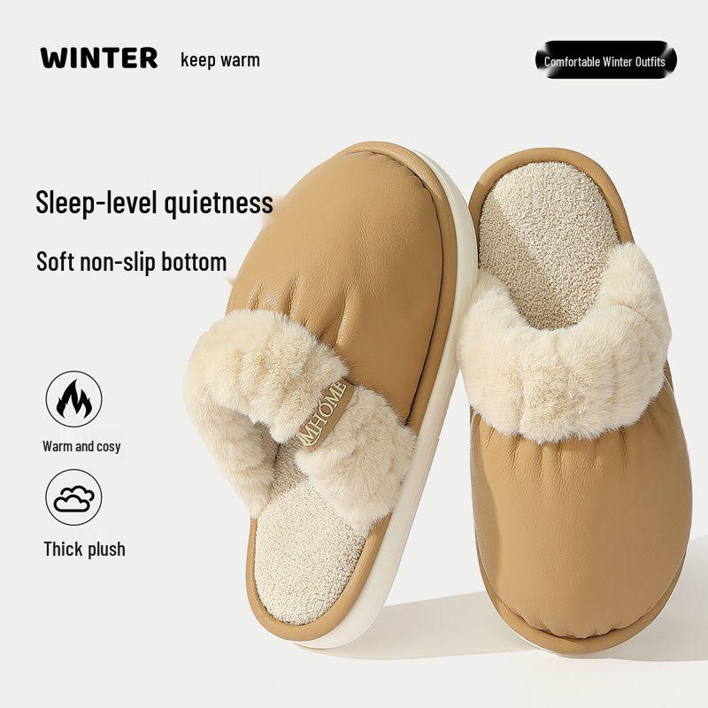 Women's & Men's PU Waterproof Cotton Slippers - Non-Slip, Silent Indoor Shoes for Autumn/Winter 2025