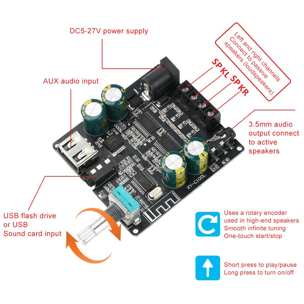 Audio Module C50L/C100L Stereo Bluetooth Digital Power Amplifier Board 50W Dual Channel 360 Degree Stepless Tuning AMP Module