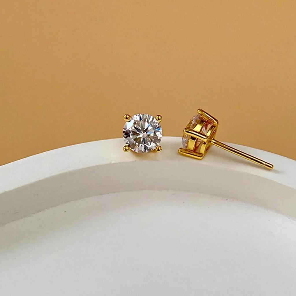S925 Sterling Silver Four-Prong Set Cubic Zirconia Stud Earrings, Gold-Plated Fashion Design