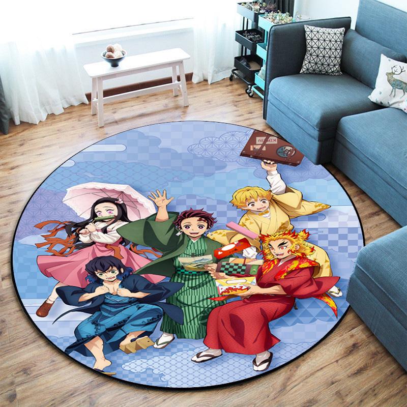 Classic Japanese-style Cartoon Demon Slayer Round Rug, Home Soft Decorative Anti-slip Yoga Mat and Chair Mat, Outdoor Floor Mat Carpet K12
