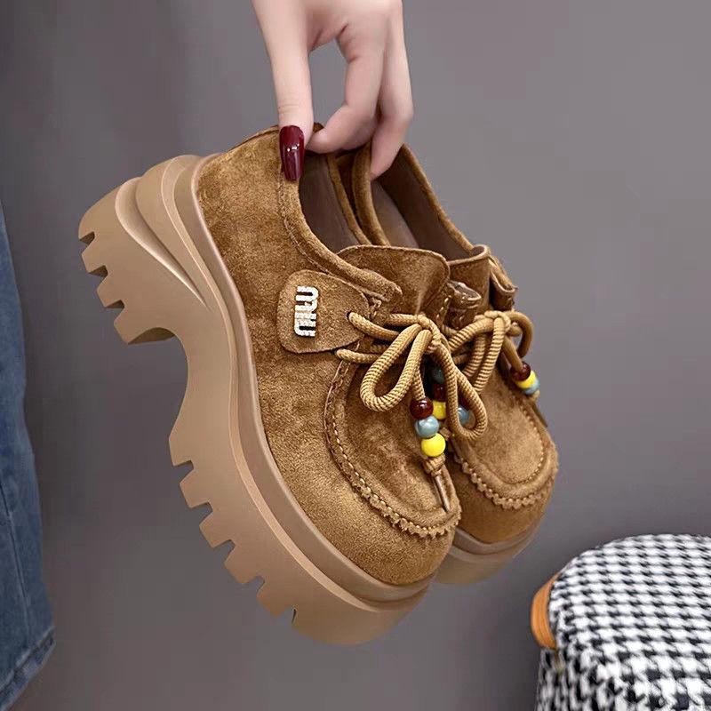 Women's Autumn Platform Matte Loafers - Thick-Soled, Lace-Up, Versatile, Height-Increasing.