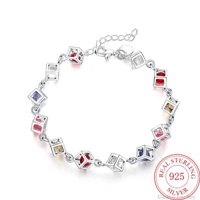 Modna bransoletka z łańcuszkiem w kształcie kostki dla kobiet 925 Sterling Silver cyrkon bransoletka na szczęście w stylu Vintage Crystal Party Jewelry Female