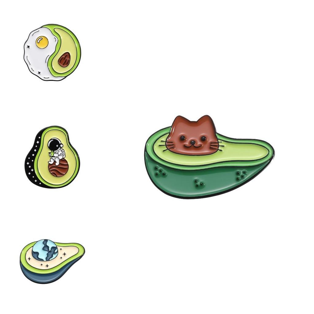 Adorable Cartoon Avocado Series Green Badge Cute Cat Astronaut Heart Shaped Metal Brooch