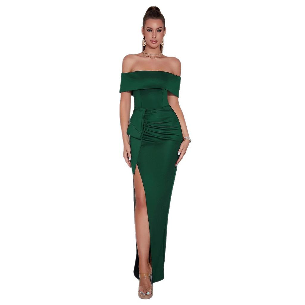 European and American Fashion and Sexy One-word Shoulder Short-sleeved Dress, Solid Color Elegant Pleated Celebrity Party Evening Dress