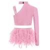Girls Dance Performance Costume Sparkly Rhinestones Tops Unique Irregular Shoulder Crop Top Feather Detail Briefs Set