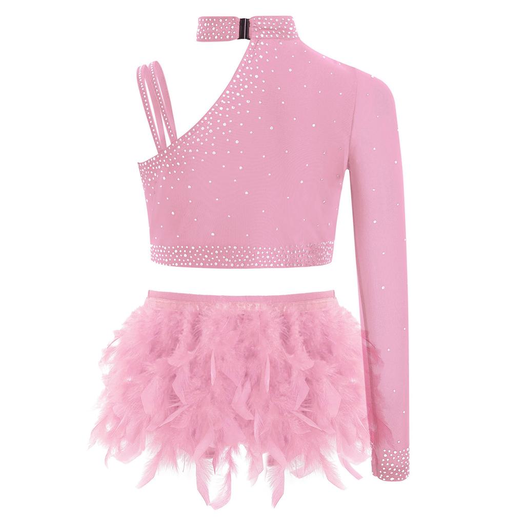 Girls Dance Performance Costume Sparkly Rhinestones Tops Unique Irregular Shoulder Crop Top Feather Detail Briefs Set