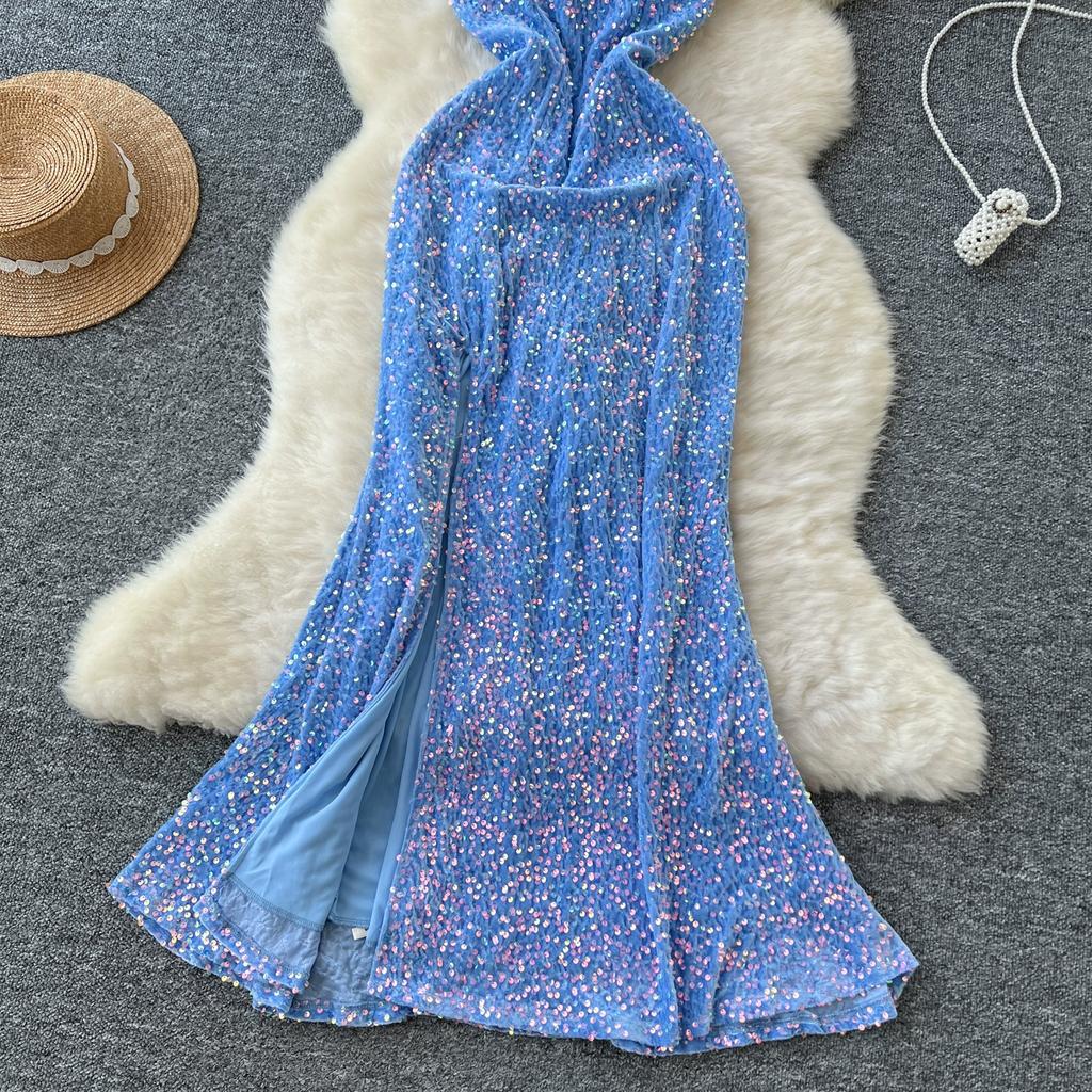 Autumn Winter Women Sexy Spaghetti Strap Open Back Evening Party Dress Sequined Long Maxi Mermaid Christmas Dresses