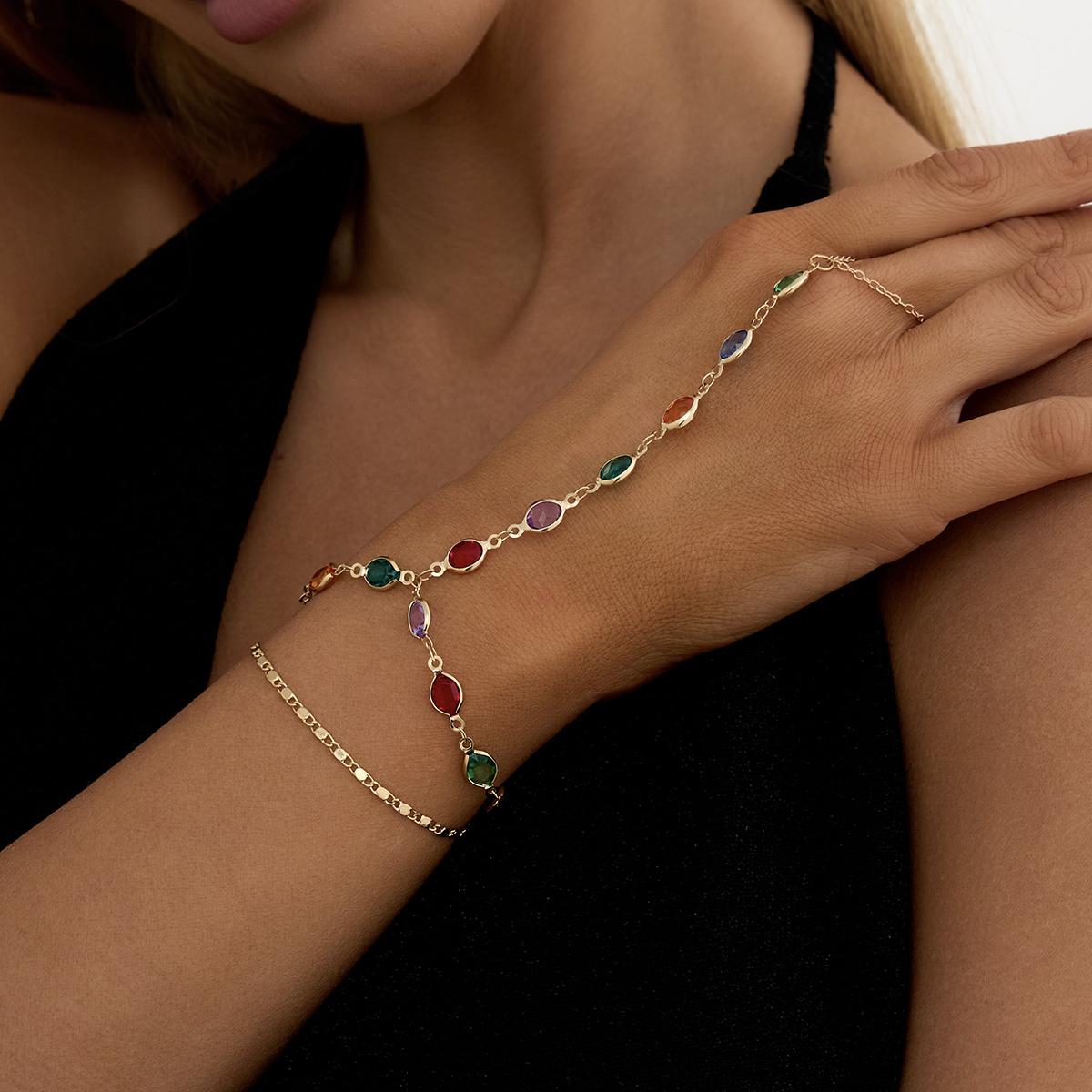 Salircon 2Pcs/Set Colorful Crystal Chain Bracelets Women s Boho Exquisite Charms Finger Bracelet Y2k Aesthetic Jewelry Accessory