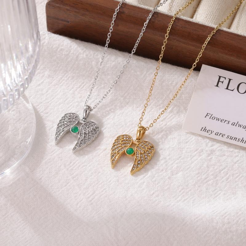 Cross Border Trendy Full Diamond Angel Wings Unisex Stainless Steel Gold Plated Light Luxury Zircon Love Pendant Necklace
