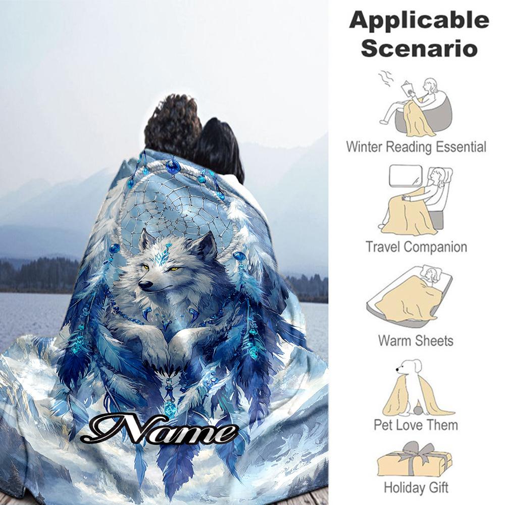 Wolf Dreamcatcher Customize Text Blanket Cozy Customizable Blanket Durable Comfort Perfect for Couch Office Bedding Living Room Four Seasons Universal