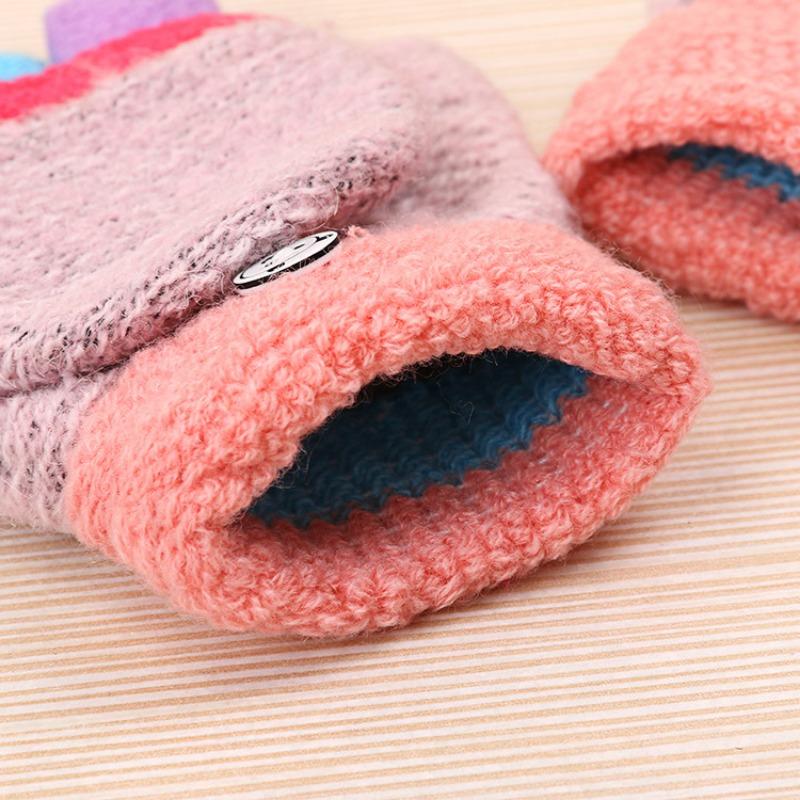 New Children's Thermal Writing Gloves Autumn and Winter Thickened Flip Color Matching Wool Finger Knitted Student Gloves Women