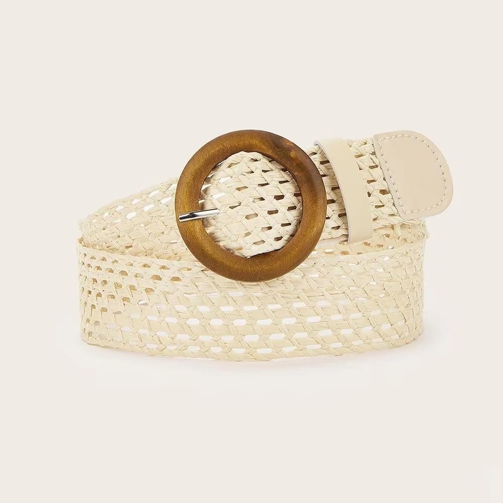 Round Buckle Waist Belt Straw Braided Belt Retro Woven Waistband for Holiday