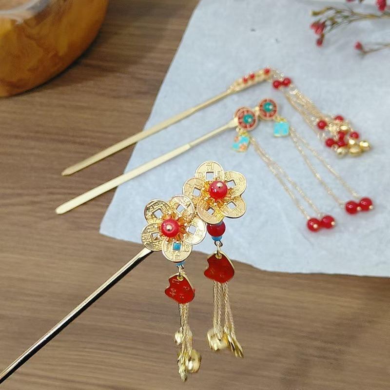 1pc Fashion Ancient Style Copper Coins Bells Tassels Hairpins New Chinese Style Money Flower Steps Hairpins Hanfu Headwear
