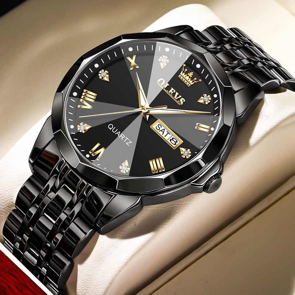 OLEVS Men's Diamond Quartz Analog Watch Black Waterproof Business Date Luminous