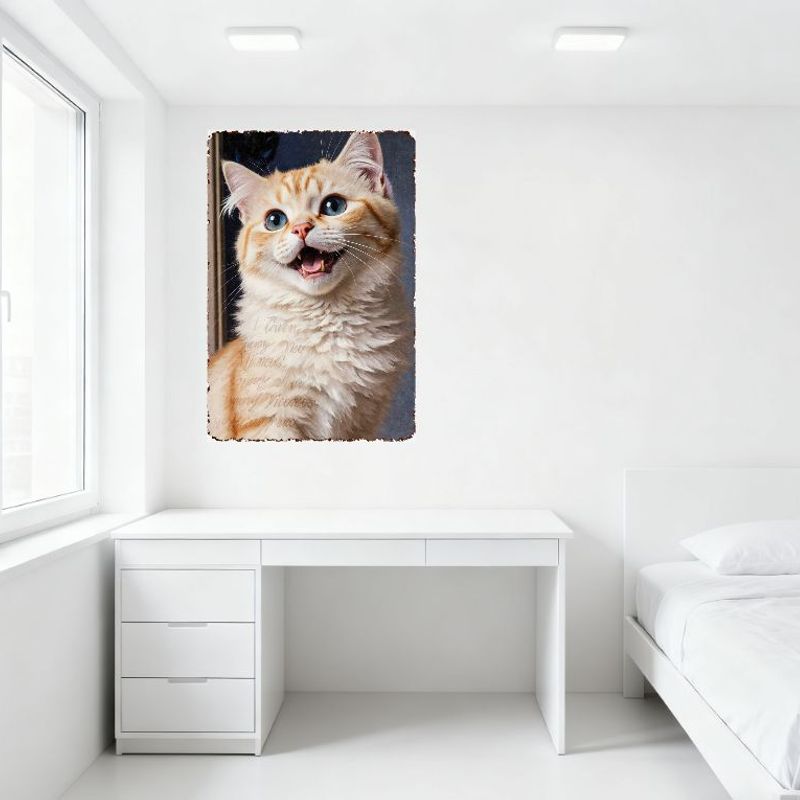 Fluffy Orange White Cat with Blue Eyes Surprised Expression Cute Lively Metal Tin Sign Decorative Wall Art for Home Office Bedro